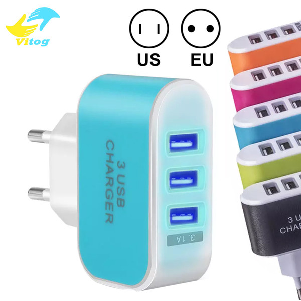 3 USB Wall Charger US EU Plug 5V 3.1A LED Adapter Charger Travel Convenient Power Adaptor with triple USB Ports For Mobile Phone