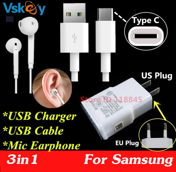 3in1 2A USB Wall Charger Adapter + Mic Earphone + Type C USB Cable For Samsung Galaxy S8 Plus A3 2017 A5 2017 Type-C Device