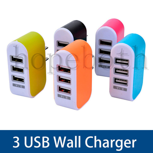 High Quality LED Light Triple 3USB ports 3.1A AC US EU candy color wall charger home plug for samsung for iphone Xiaomi