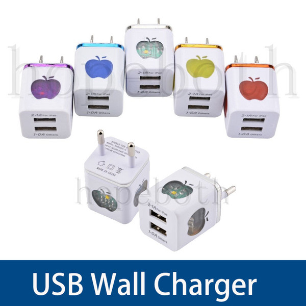 LED light Square Wall chargers 2A US EU Dual USB AC Power Adapter Home Charger 2 Ports For Samsung S7 S8 i6 7