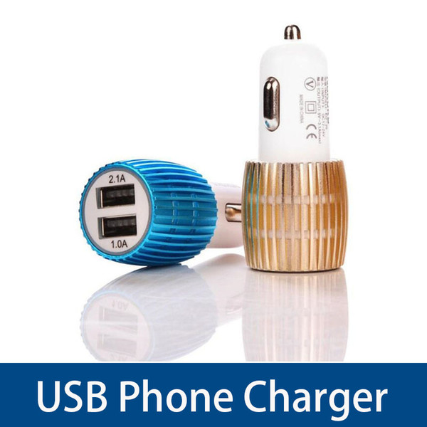 Car Chargers Mini USB Car Charger Auto Dual USB Ports Adapter 2.1A Bullet Blue LED Light Universal For iPhone Samsung Without Package