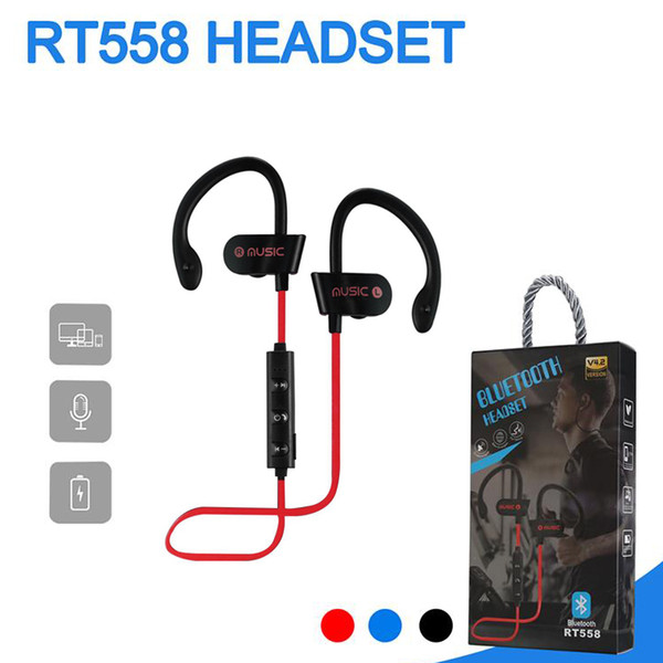 RT558 Bluetooth Headphones Wireless Earphone Headsets Noise Cancelling Sweatproof Sport Earphones with Mic Jogging Ear Hook Headsets in Box