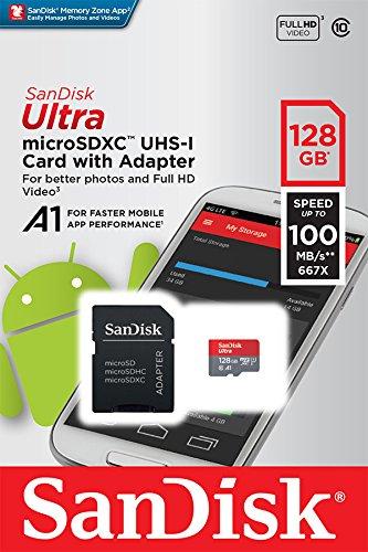 SanDisk Ultra 128GB microSDXC UHS-I card with Adapter - 100MB/s U1 A1 - SDSQUAR-128G Class 10 for Full HD video