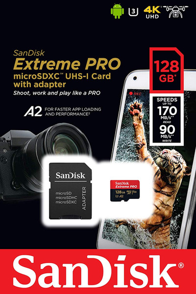 SanDisk 128GB Extreme Pro MicroSDXC UHS-I U3 A2 V30 128GB with Adapter Up to 170MB/s