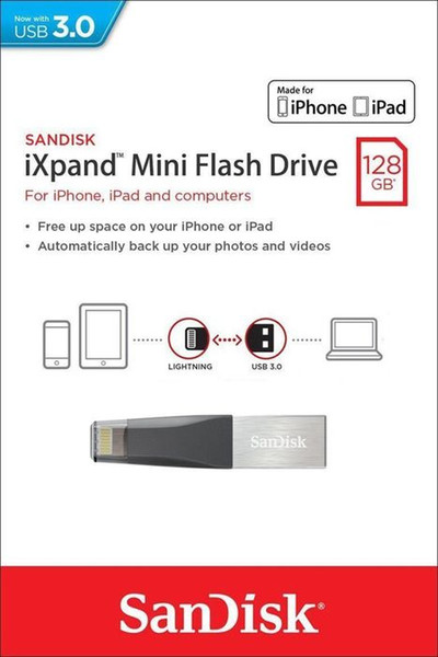 SANDISK 128GB iXPAND MINI FLASH DRIVE FOR IPHONE AND IPAD SDIX40N-128G