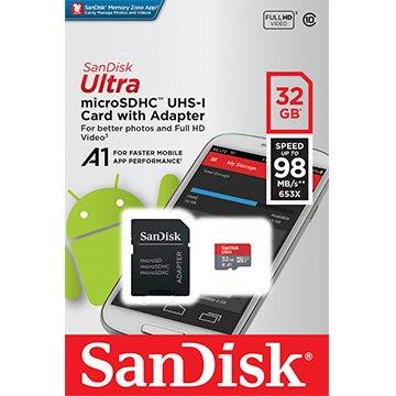 SanDisk Ultra 32GB microSDHC UHS-I card with Adapter - 98MB/s U1 A1 - SDSQUAR-032G Transfer speeds of up to 98MB/s**