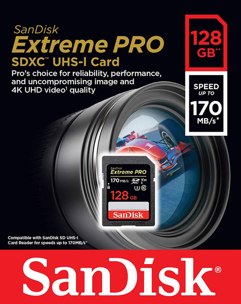 SanDisk 128GB Extreme Pro SDXC UHS-I Card - C10, U3, V30, 4K UHD, 170MB/s SD Card - SDSDXXY-128G