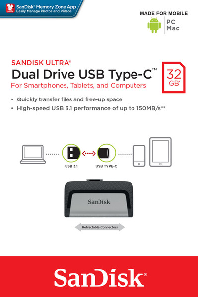 SanDisk 32GB Ultra Dual USB Flash Drive USB 3.0 Type-C for Android Samsung LG Smartphone SDDDC2-032G