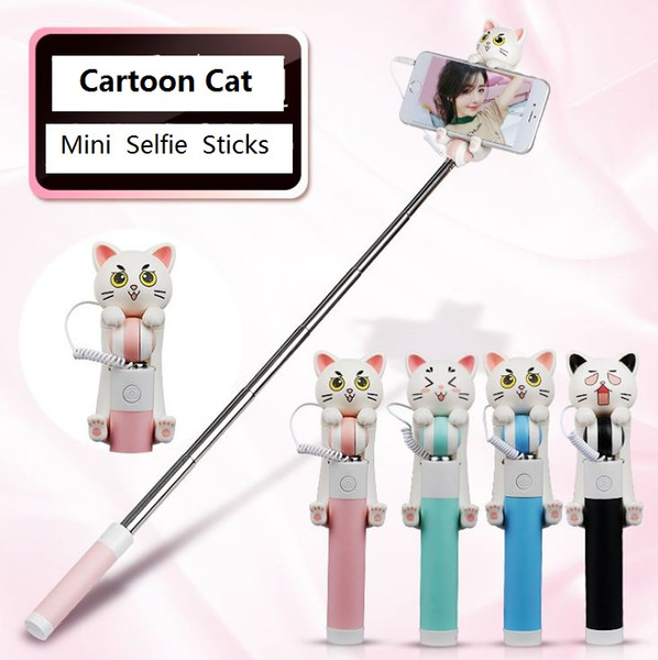 Mini Selfie Sticks Monopod Wired Extendable, Cat Selfie For iPhone X 8 7 6 plus Samsung Android Smartphone Self-Pole