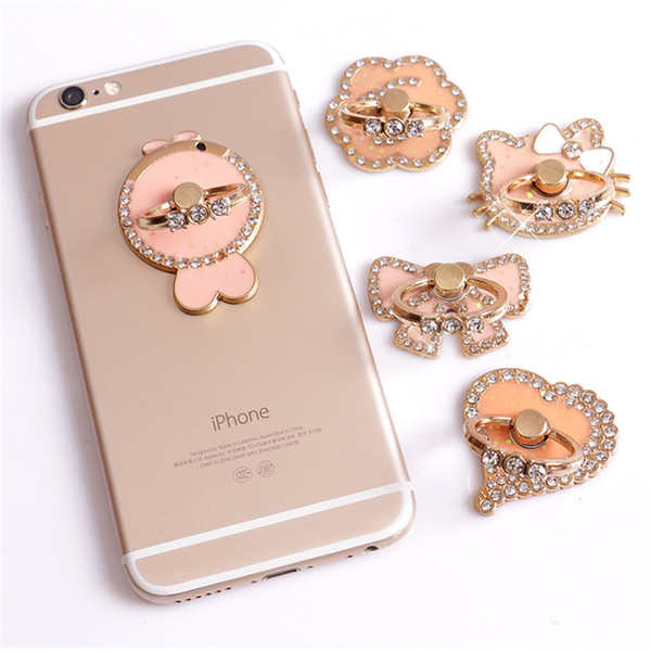 Universal 360 Degree Pink Flower Bowknot Cat Fish Heart Crystal Finger Ring Holder Phone Stand For Mobile Phones