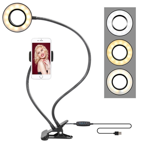 Universal 2-in-1 Cell Phone Lazy Holder with LED Selfie Ring Light Live Stream for iPhone Phone Clip Holder Bracket Desk Lamp