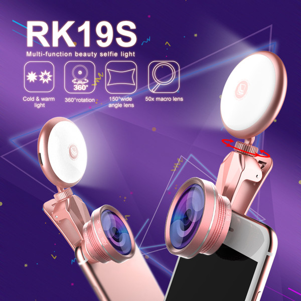 RK19S fish eye lens 3 in 1 Universal Clip Mobile Phone Camera lens beauty fill light wide-angle macro fisheye lens for iphone samsung