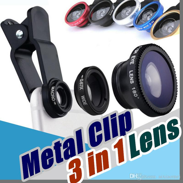 3 In 1 Universal Metal Clip Camera Mobile Phone Lens Fish Eye + Macro + Wide Angle For iPhone 7 Samsung Galaxy S8 with retail package