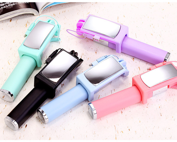 Candy Color Patchwork Mini Portable Wire Control Selfie Stick For Mobile Cell Phone U373 new Self-portrait Holder Monopod Stick with mirror