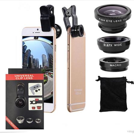 3 In 1 Universal Metal Clip Phone Camera Lens Fish Eye + Macro + Wide Angle For iPhone 7 Samsung Galaxy S8 with retail package