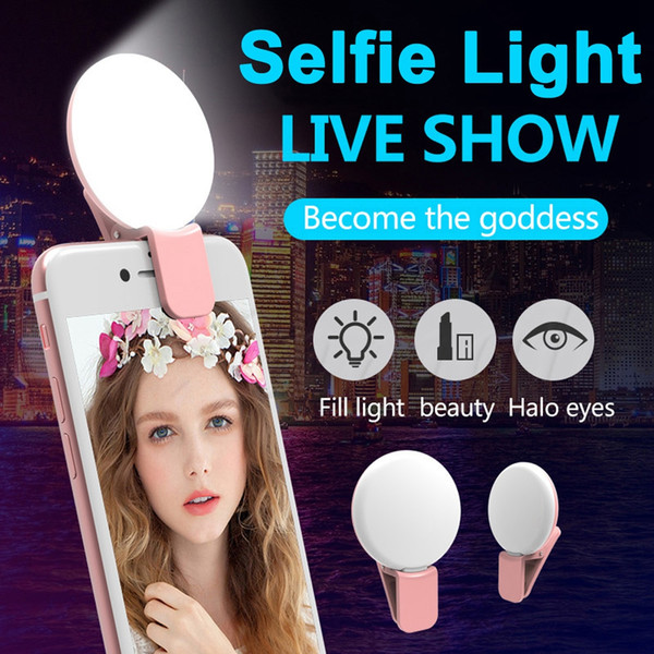 Rechargeable RK17 LED Ring Selfie light Beauty Selfie Fill Light with Clip dimming Night light for iPhone7 Samsung S8 Smart phones