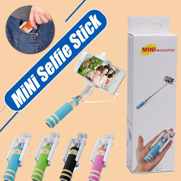 Super Mini Wired Selfie Stick Portable Extendable Handheld Self Portrait Cable Stick Monopod Foldable Shutter Compatible With Cell Phone