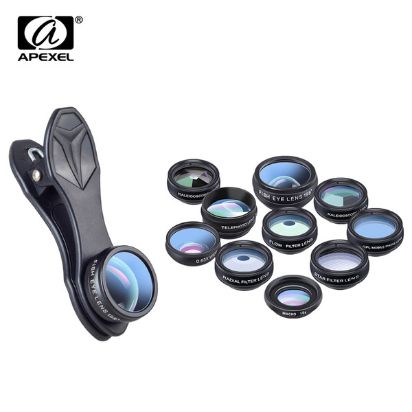 APEXEL 10 in 1 Phone camera Kit Fisheye Wide Angle macro CPL Filter Kaleidoscope and 2X telescope for smartphone lens