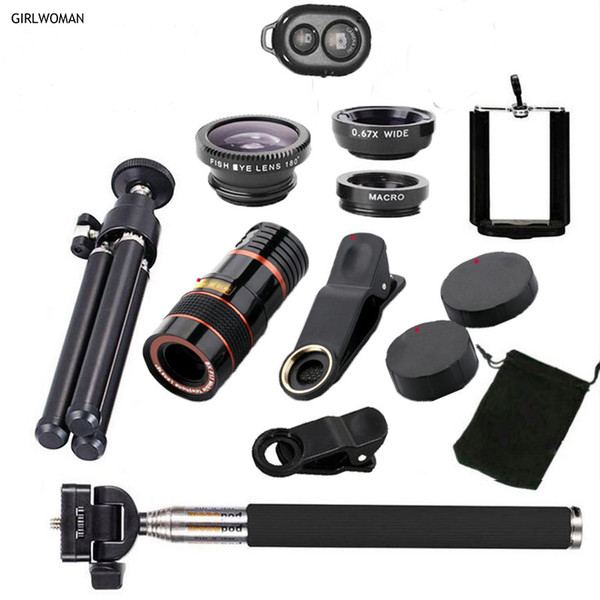 Girlwoman 12x Zoom Telephoto Lens mobile phone camera Fish eye Lens Wide Angle Macro Lenses Cell Phone Mobile Tripod for xiaomi