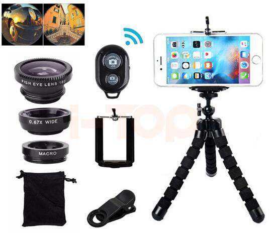 7in1 Phone Camera Lens Kit Fisheye Wide Angle Macro Lentes For iPhone Smartphone Bluetooth Shutter Selfie stick Mini Tripod