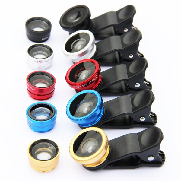 hot Sales Universal 3 in 1 Clip-On 180 Degree Fish Eye Lens + Wide Angle + Macro Lens For cell phones iphone samsung HTC ipad