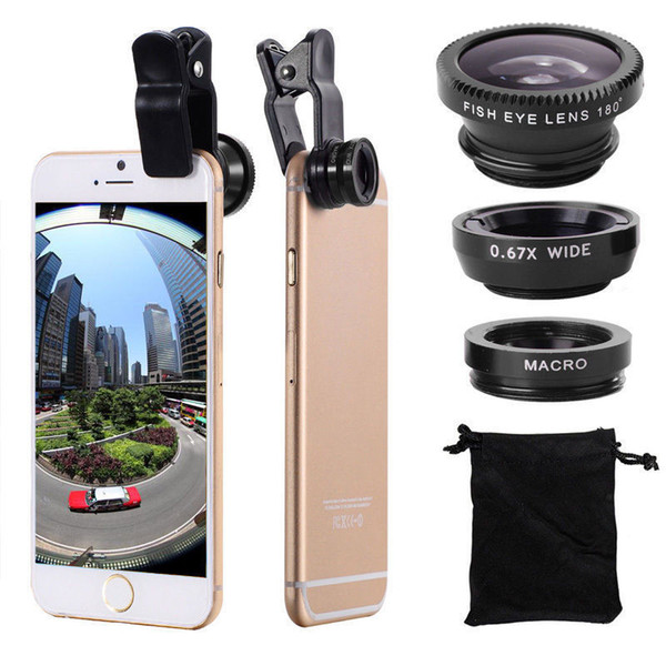 Fish-eye Lens 3 in 1 mobile phone clip lenses wide angle macro fish eye camera lens for iPhone Samsung with Retail Box