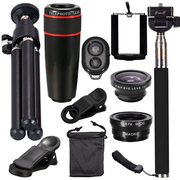 wholesale 10In1 8X Zoom Universal Phone Camera Lens Travel Kit For Smartphone + Telephoto Lens + Fish Eye + Mini Tripod