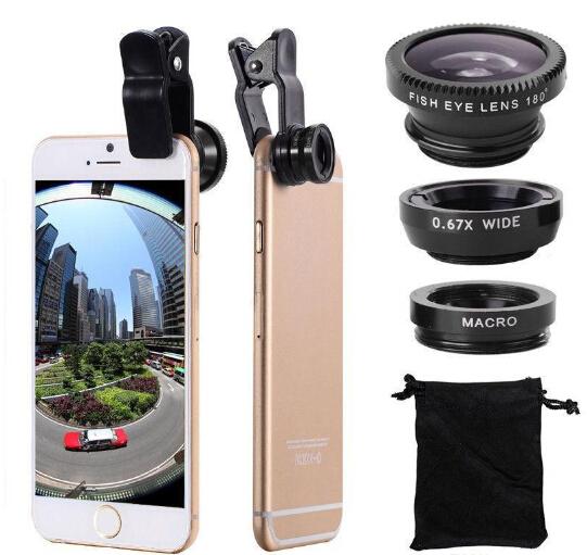 3 In 1 Universal Metal Clip Camera Mobile Phone Lens Fish Eye + Macro + Wide Angle For iPhone 7 S8 with retail package