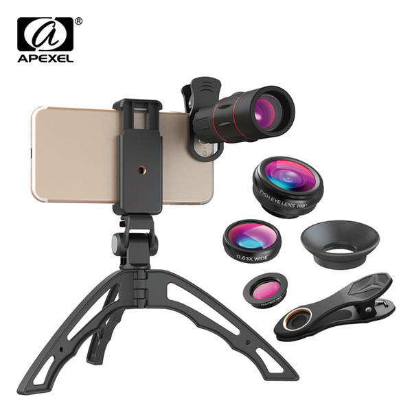 wholesale Universal 18X Zoom Telephoto Optic Lens Fisheye Wide Angle Macro Lens with tripod phone holder For iPhone Samsung huawei