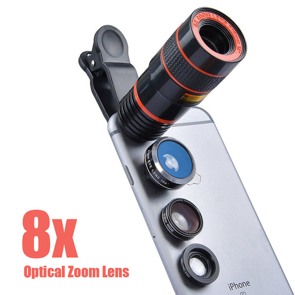 4 in 1 Camera Lens 8x Telephoto Lens Fisheye Wide Angle Macro Lens for iPhone 7 6s plus Samsung Galaxy S8 S7 Edge