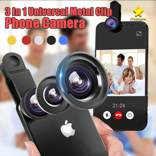 3 In 1 Universal Metal Clip Phone Camera Lens Fish Eye + Macro + Wide Angle For iPhone 7 Samsung Galaxy S8 with retail package