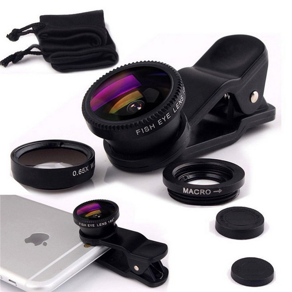 Universal 3 in 1 Clip Fish Eye Smartphone Camera Lens Wide Angle Macro Mobile Phone Lens Galaxy s7 s7edge s8 cellphones Fisheye Lens