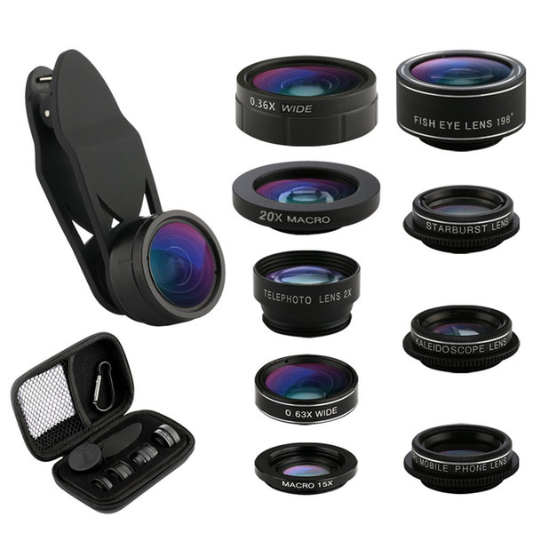 Camera Lens Kit 9 in 1 Zoom Telephoto Fisheye 0.36 Super Wide Angle 20X Macro CPL + Kaleidoscope+ 0.63X Wi