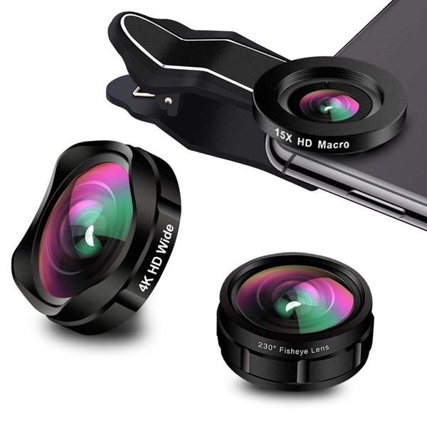 3 in 1 Wide Angle 15X Macro Phone Camera Lens 230° Fisheye Clip-on Phone Lens Kit For iPhone Xs Samsung Android Smartphones