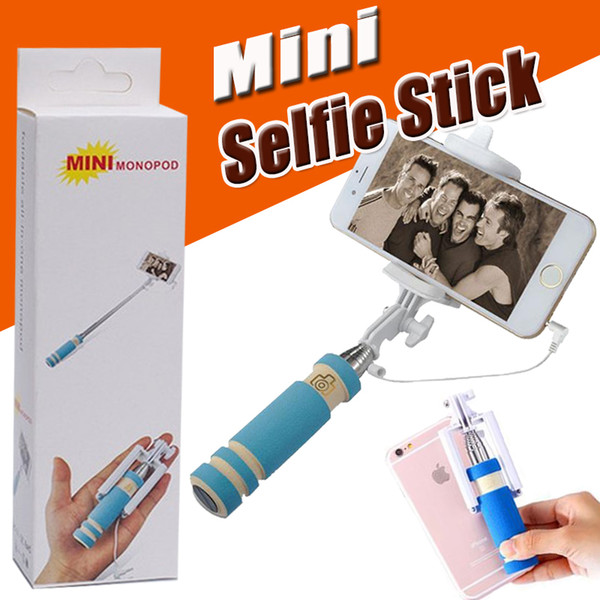 Foldable Super Mini Wired Selfie Stick Handheld Extendable Monopod -Built in Bluetooth Shutter Non-slip Handle Compatible with Cell phone