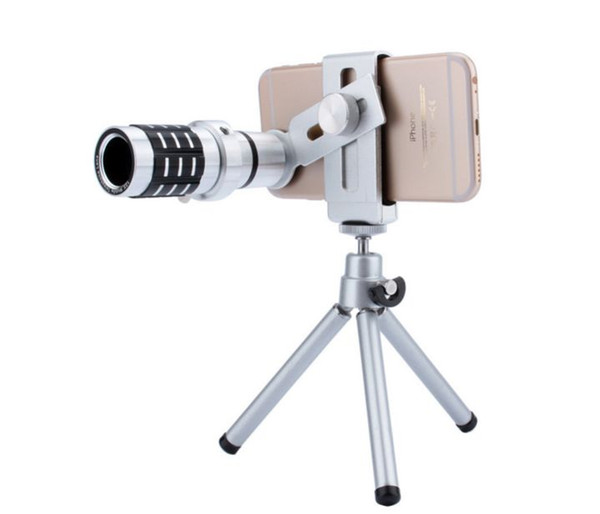 Newest Metal 12X Magnification Zoom Optical Lens Mobile Phone Telephoto Telescope Camera Lens Zoom cellphone lens With Clip Tripod