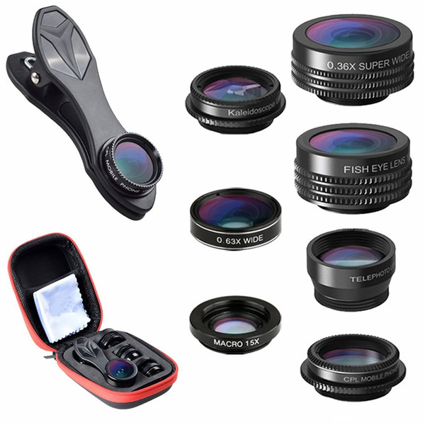 Clip Lens Kit 7 in 1 Zoom Telephoto Fisheye Wide Angle Macro CPL Kaleidoscope + Super Wide