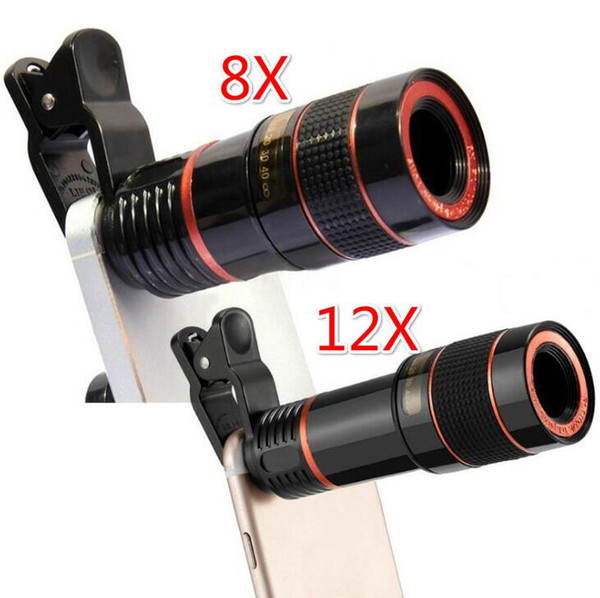 Free DHL 50pcs Universal Clip 8X 12X Zoom Cell Phone Telescope Lens Telephoto External Smartphone Camera Lens For iPhone Samsung Huawei