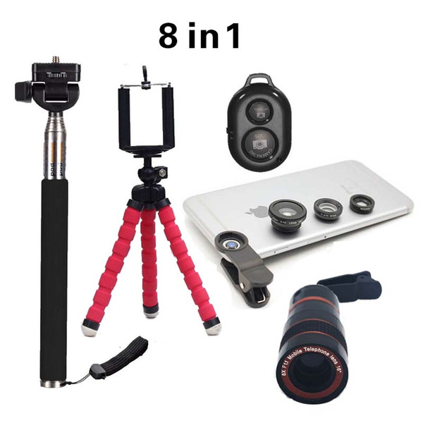 Wholesale-2016 New 8in1 8X Zoom Telescope Camera Lens+min Tripoid+3in1 Clip Lens+Selfie Stick monopod+Bluetooth Shutter for iphone huawei