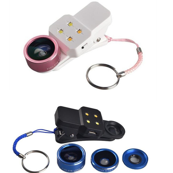 LED Fill Light 4 in 1 Clip-on Cell Phone Camera Kits Fisheye 198 Degree Fisheye 0.4 Wide Angle 15 Macro Lens Mini Clip Selfie Universal