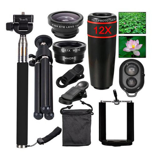 10 in 1 HD Universal 8X12X Optical Zoom Telescope Telescope Wide-angle Macro Fish-eye Set Self-timer Tripod Phone Lens