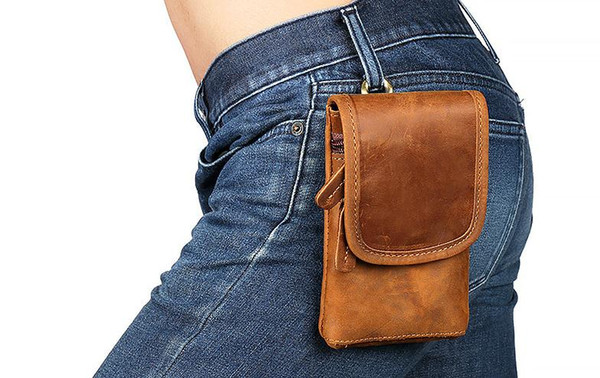 2019 New Crazy Horse skin Mobile phone bag inch leather men's bag head layer cowhide retro belt hanging bag wholesale