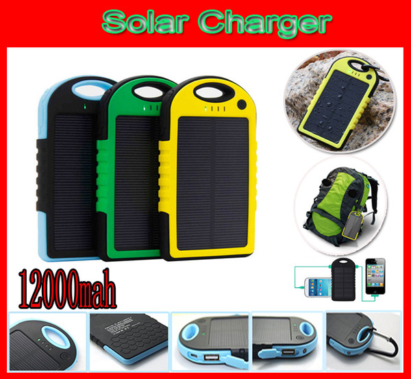 Shockproof Waterproof 12000mAh Solar Charger Battery 2 Ports Solar Panel backup power bank + Flashlight 12000 mah 2-Port Solar Chargers