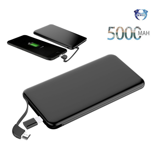 Ultra Thin Power Bank 5000mAh Portable Mini Powerbank With Cable for iPhone Samsung Huawei Xiaomi Smartphone