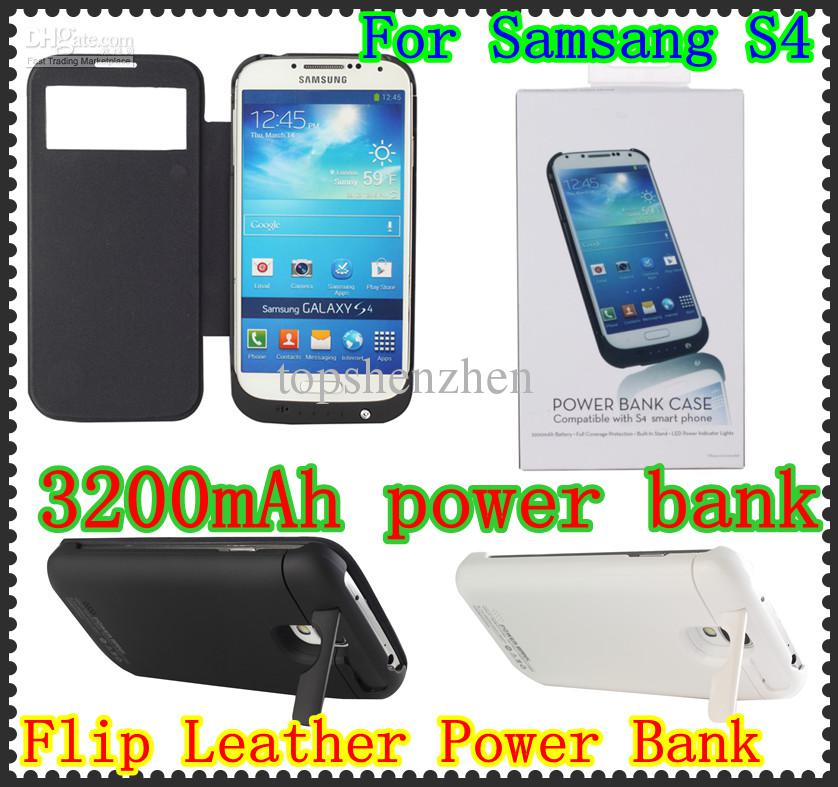 3200mAh External Backup Battery Charger Case Flip Leather Case Power Bank for Samsung Galaxy S4 I9500