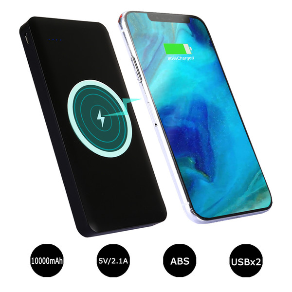 10000mAh Wireless Power Bank Portable Wireless Mobile Phone Charger with Dual USB External Black Battery Pack for iPhone 8 X Samsung S8