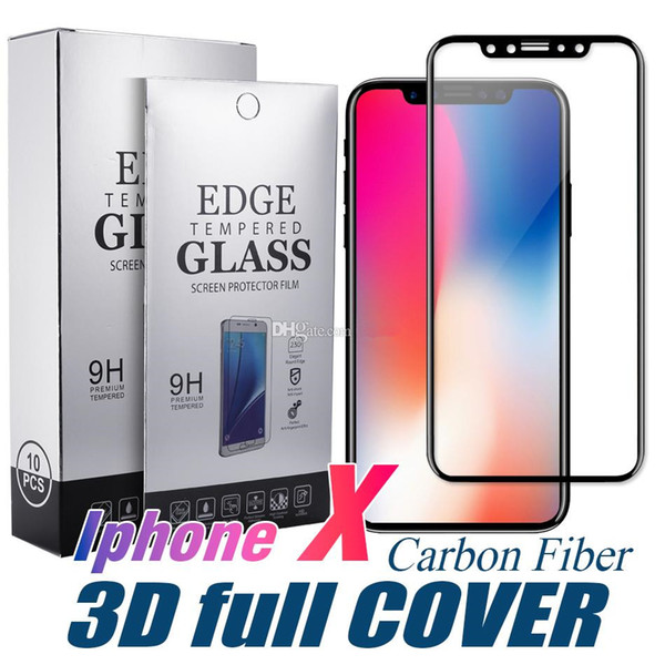 For Iphone X 8 Tempered Glass 3D Full Cover Screen Protector Carbon Fiber Design 9H 0.33mm Soft Edge Protective Film With/Without Retail Box