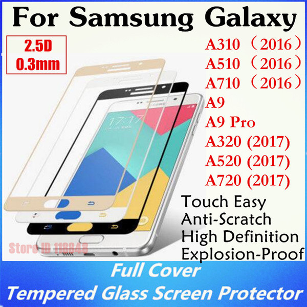 100pcs 2.5D Silk Printing Full Cover Tempered Glass For Samsung Galaxy A3 A5 A7 (2016) (2017) A9 Pro S6 S7 Screen Protector