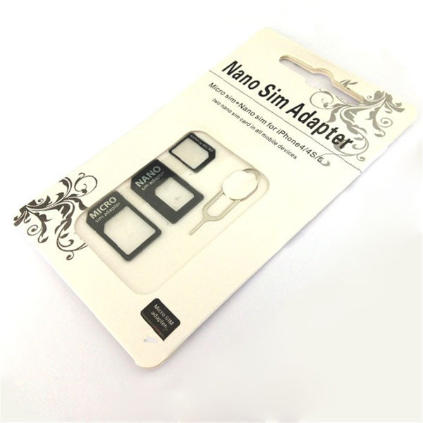 50pcs/lot 4 in 1 Nano Sim Card Adapter + Sim Card Tray Eject Pin Key,Micro Sim adapter for iPhone5 5s 4 4s with retail package