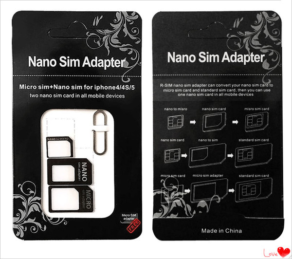 Nano SIM Card to Micro SIM Card Standard Adapter Converter Eject Pin Set 4 in 1 For iPhone 4 4S Galaxy S4 S5 MQ50